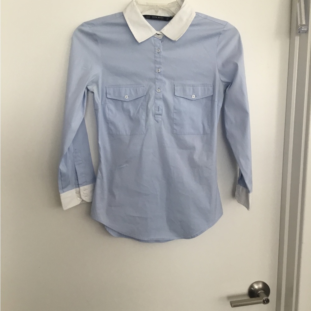 Zara Basic Collection Size Xs Blue & White Long S… - image 3